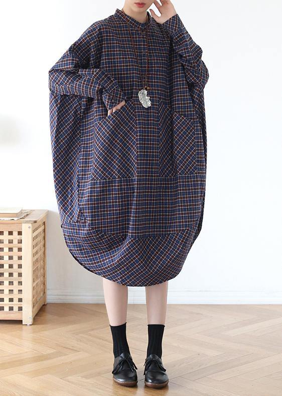 Plus Size Blue Plaid Cotton long shirt Button Spring Long Dresses - bagstylebliss