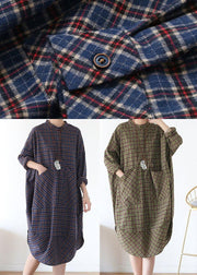 Plus Size Blue Plaid Cotton long shirt Button Spring Long Dresses - bagstylebliss