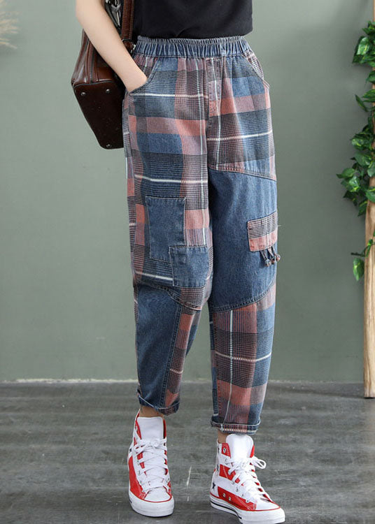 Plus Size Blue Plaid Patchwork denim Pants Spring