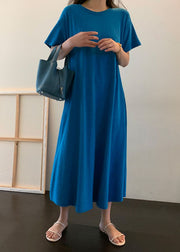 Plus Size Blue Pockets Cotton Long Dress Short Sleeve