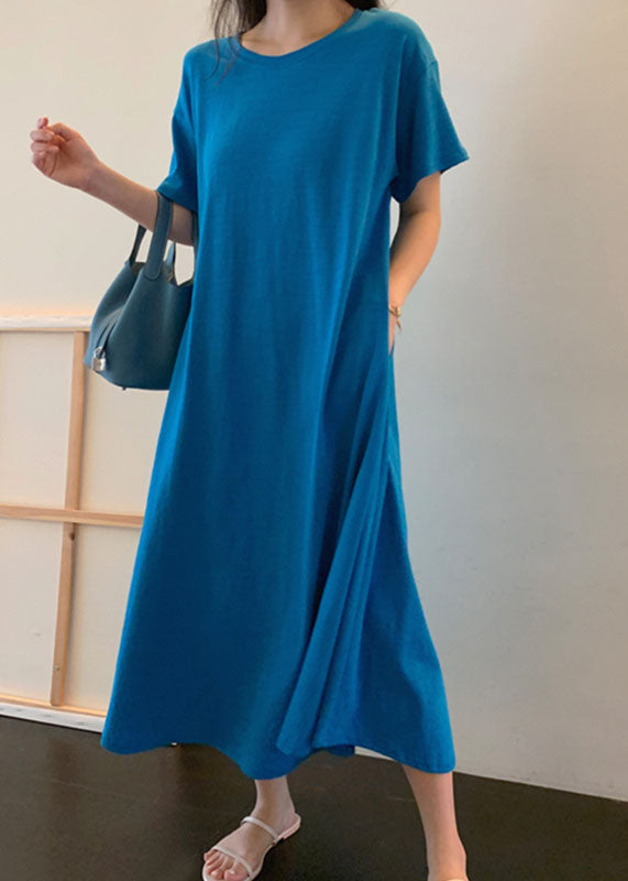 Plus Size Blue Pockets Cotton Long Dress Short Sleeve