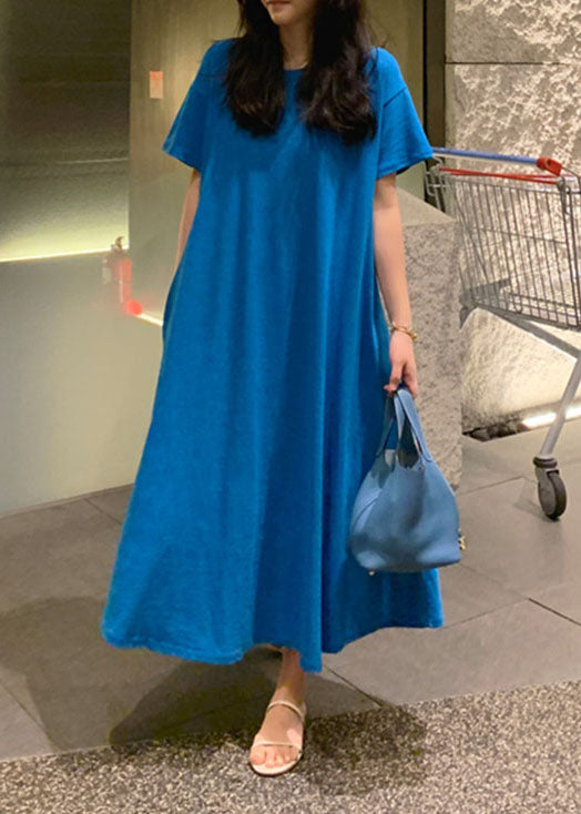 Plus Size Blue Pockets Cotton Long Dress Short Sleeve