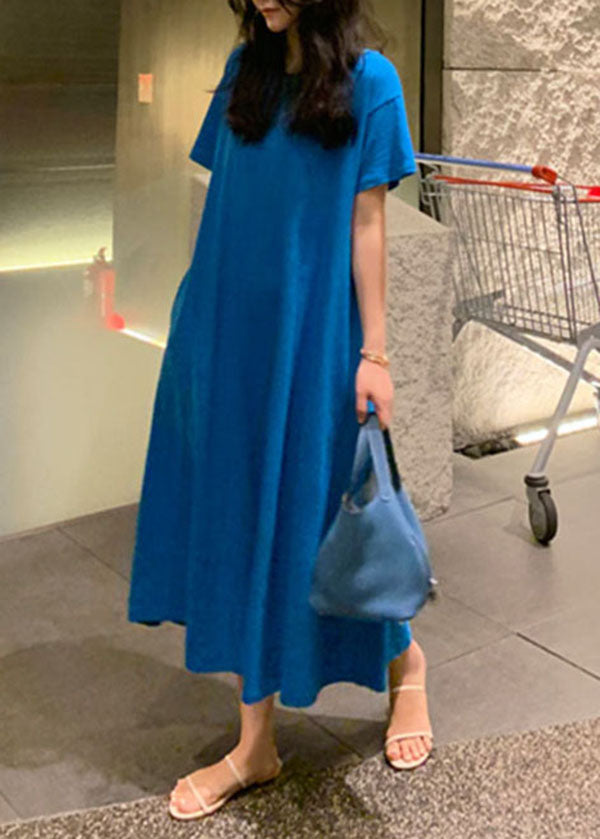 Plus Size Blue Pockets Cotton Long Dress Short Sleeve