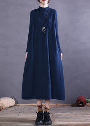 Plus Size Blue Pockets Knit Vacation Dresses Spring