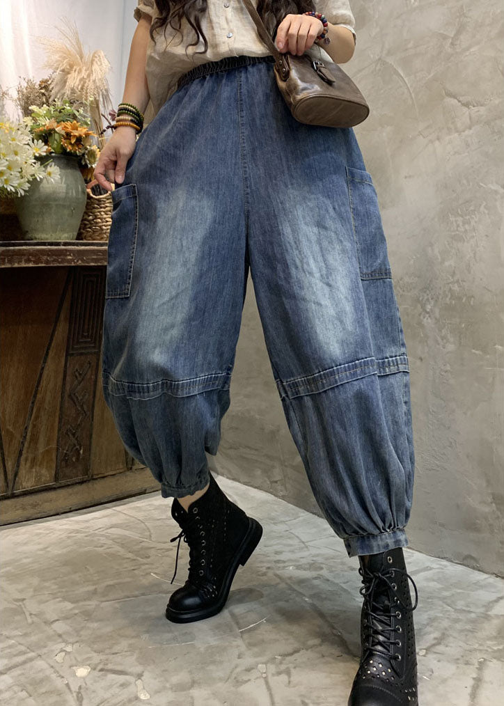 Plus Size Blue Pockets denim lantern Pants Spring