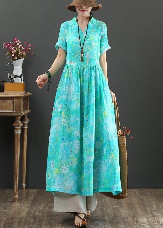 Plus Size Blue Print Linen A Line Summer Holiday Dress - bagstylebliss