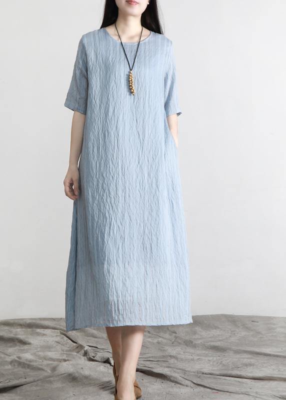 Plus Size Blue Striped Pockets Robe Summer Cotton Dress - bagstylebliss