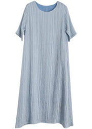 Plus Size Blue Striped Pockets Robe Summer Cotton Dress - bagstylebliss