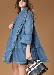 Plus Size Blue Tulle Patchwork tasseled Fall Woolen Coat