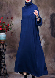 Plus Size Blue Turtle Neck Long Knit Dress Winter