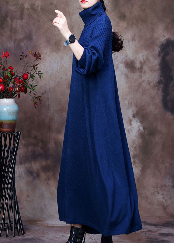 Plus Size Blue Turtle Neck Long Knit Dress Winter