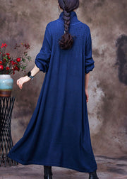 Plus Size Blue Turtle Neck Long Knit Dress Winter