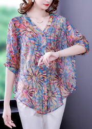 Plus Size Blue V Neck Button Print Chiffon Shirt Top Half Sleeve