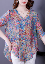 Plus Size Blue V Neck Button Print Chiffon Shirt Top Half Sleeve