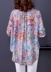 Plus Size Blue V Neck Button Print Chiffon Shirt Top Half Sleeve