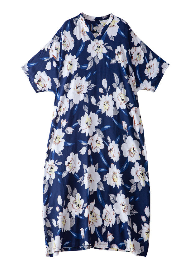 Plus Size Blue V Neck Floral Cotton Robe Dress Summer