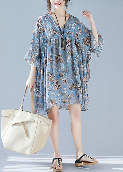 Plus Size Blue V Neck Loose Print Summer Chiffon Long Dresses Half Sleeve - bagstylebliss