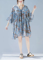 Plus Size Blue V Neck Loose Print Summer Chiffon Long Dresses Half Sleeve - bagstylebliss