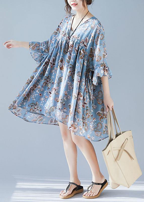 Plus Size Blue V Neck Loose Print Summer Chiffon Long Dresses Half Sleeve - bagstylebliss