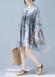 Plus Size Blue V Neck Loose Print Summer Chiffon Long Dresses Half Sleeve - bagstylebliss