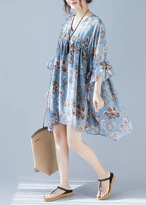 Plus Size Blue V Neck Loose Print Summer Chiffon Long Dresses Half Sleeve - bagstylebliss