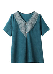 Plus Size Blue V Neck Organza Patchwork Tops Short Sleeve