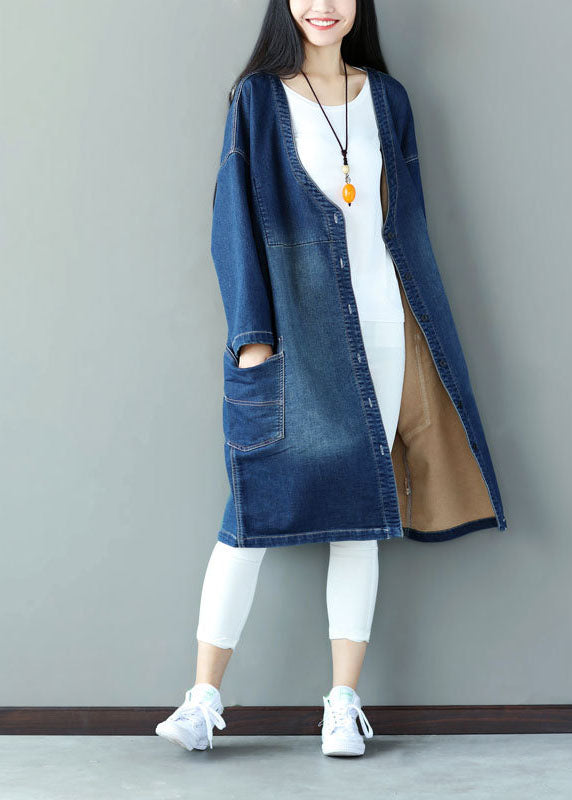 Plus Size Blue V Neck Pockets Applique Cotton Denim Coats Spring