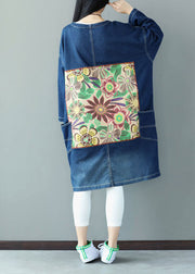 Plus Size Blue V Neck Pockets Applique Cotton Denim Coats Spring