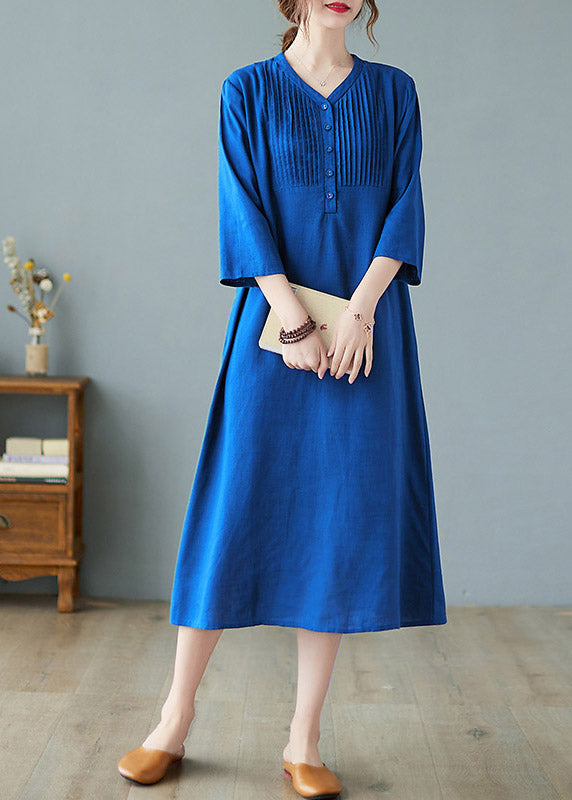 Plus Size Blue Wrinkled Linen Long Dresses Half Sleeve