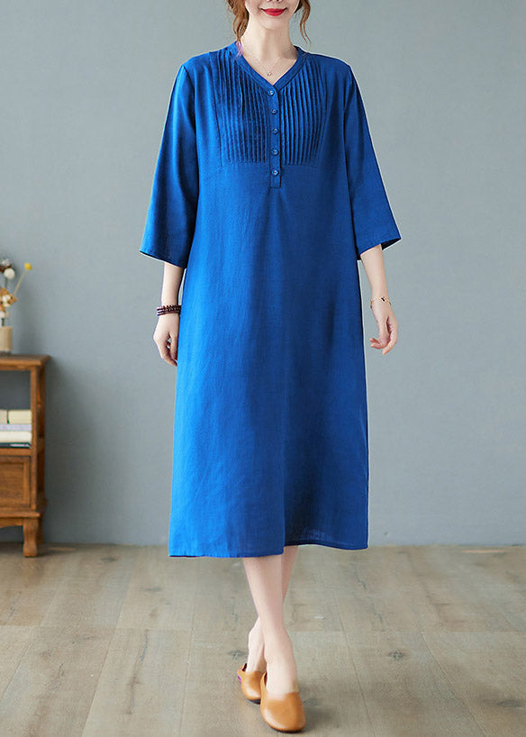 Plus Size Blue Wrinkled Linen Long Dresses Half Sleeve