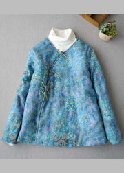 Plus Size Blue button V Neck Print Fine Cotton Filled coats Winter