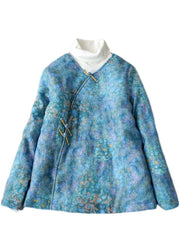 Plus Size Blue button V Neck Print Fine Cotton Filled coats Winter