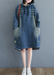 Plus Size Blue drawstring Hooded pocket Denim Dress Long Sleeve