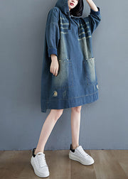 Plus Size Blue drawstring Hooded pocket Denim Dress Long Sleeve