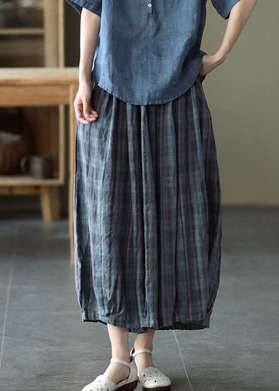 Plus Size Blue elastic waist Plaid Cotton Pants Spring