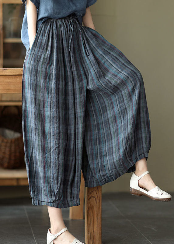 Plus Size Blue elastic waist Plaid Cotton Pants Spring