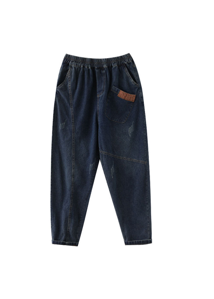 Plus Size Blue elastic waist pockets Cotton denim Pants Spring