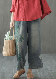 Plus Size Blue hole Embroideried denim Cotton wide leg Pants Spring