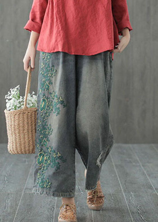 Plus Size Blue hole Embroideried denim Cotton wide leg Pants Spring