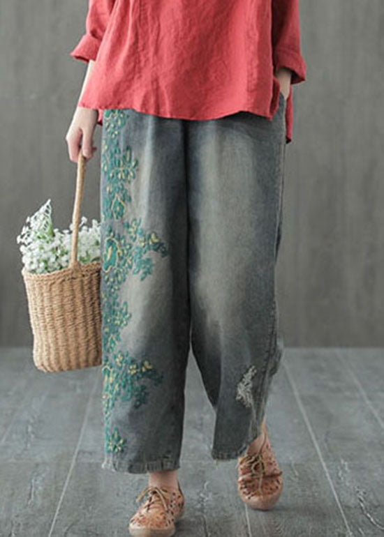 Plus Size Blue hole Embroideried denim Cotton wide leg Pants Spring