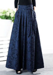 Plus Size Blue tie waist Jacquard Linen Pants Winter