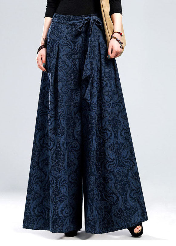 Plus Size Blue tie waist Jacquard Linen Pants Winter