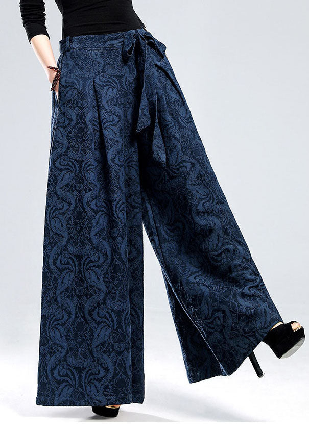 Plus Size Blue tie waist Jacquard Linen Pants Winter