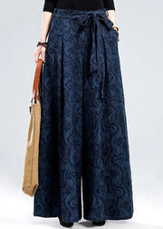 Plus Size Blue tie waist Jacquard Linen Pants Winter