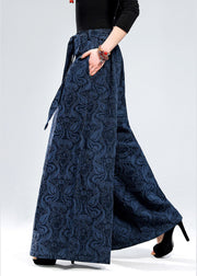 Plus Size Blue tie waist Jacquard Linen Pants Winter