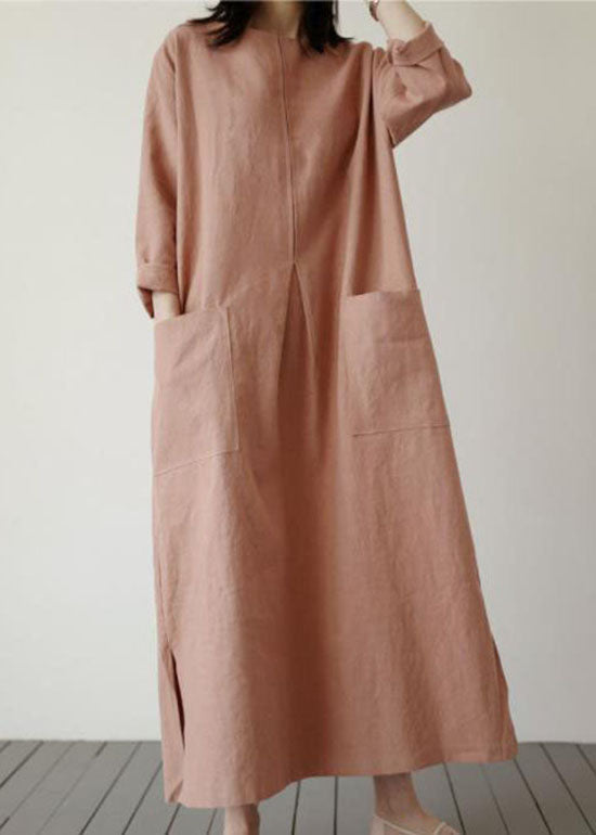 Plus Size Brick Red Pockets Linen Long Dress Spring