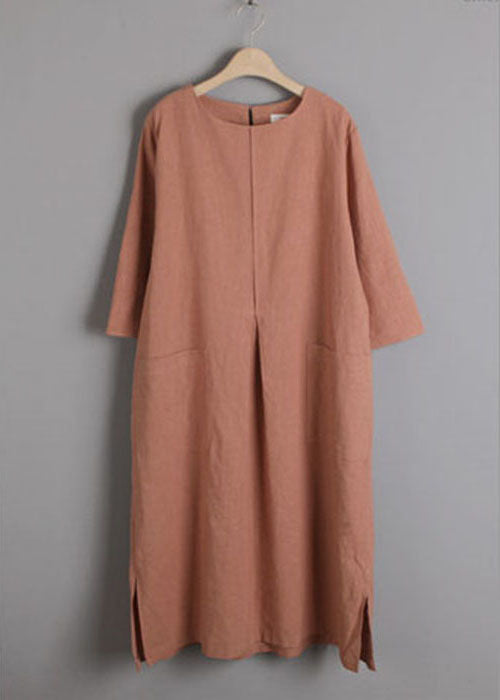 Plus Size Brick Red Pockets Linen Long Dress Spring