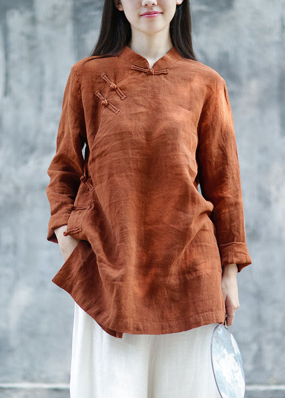 Plus Size Brown Button Linen Blouses Spring