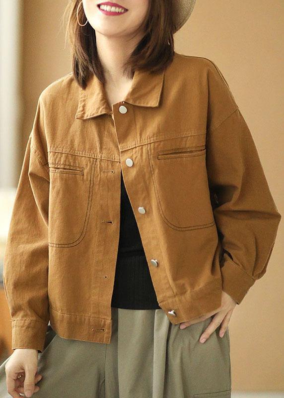 Plus Size Brown Peter Pan Collar Pockets Button Fall Coats Long Sleeve - bagstylebliss