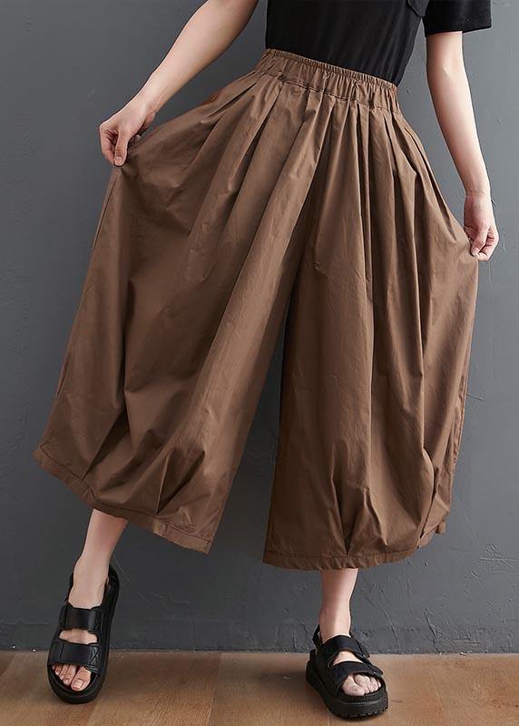 Plus Size Brown Pockets Wide Leg Pants Trousers Summer Cotton Linen - bagstylebliss